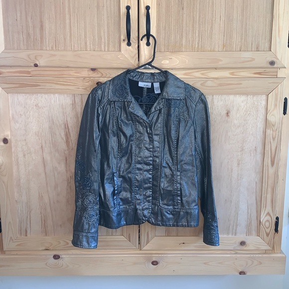 Chico’s Platinum metallic shimmery gray embroidered jacket size 1 (M/8) - Picture 1 of 5